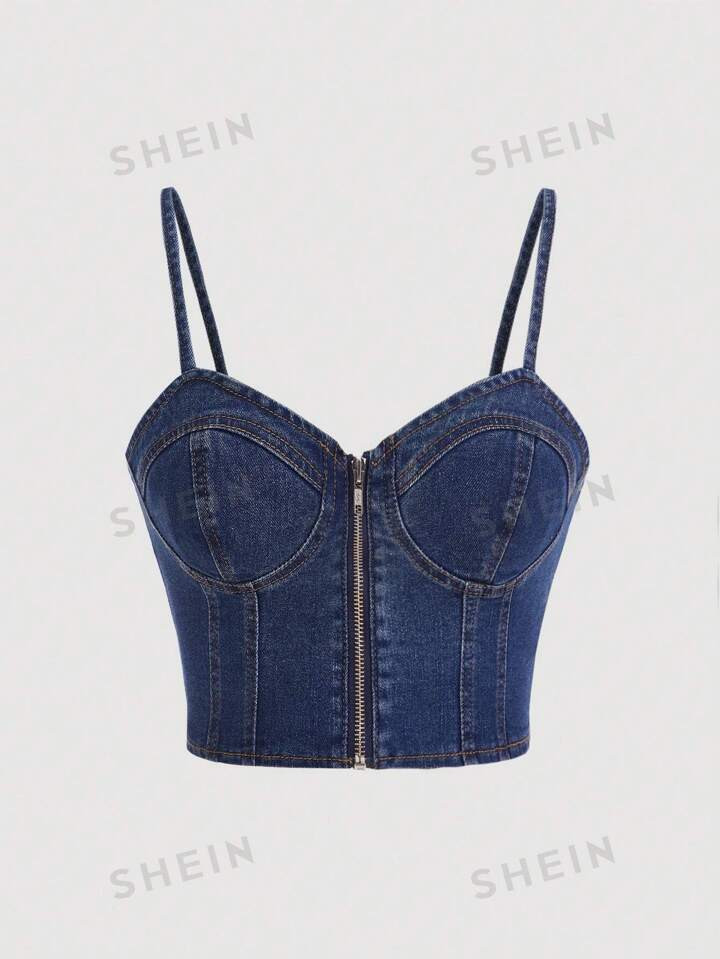 SHEIN Privé Zip Up Bustier Cami Denim Top | SHEIN