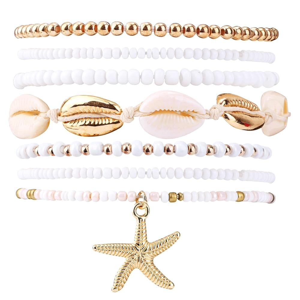 7pcs Summer Beach Bracelets for Women, Stackable Shell Seashell Starfish Beaded Surfer Bracelets ... | Amazon (US)