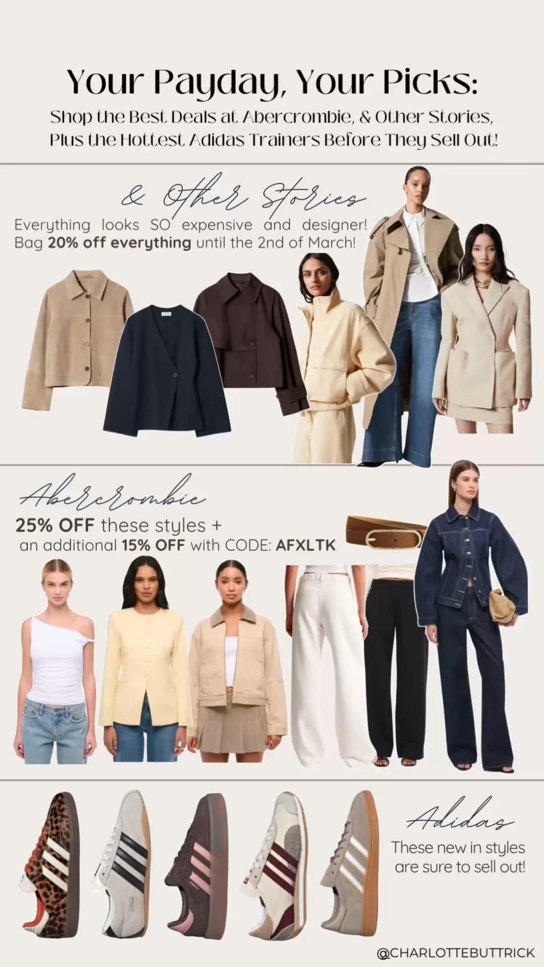 Payday picks - & other stories 20% off - spring sale - wardrobe staples - spring outfits - butter yellow - Adidas trainers-handball spezial - animal print trainers - leopard print sneakers - abercromie discount - A&F wardrobe essentials - blazer - barn jacket - denim jacket - trench coat - suede jacket - butter yellow blazer- spring must haves 

#LTKFashionMonth #LTKuk #LTKspring