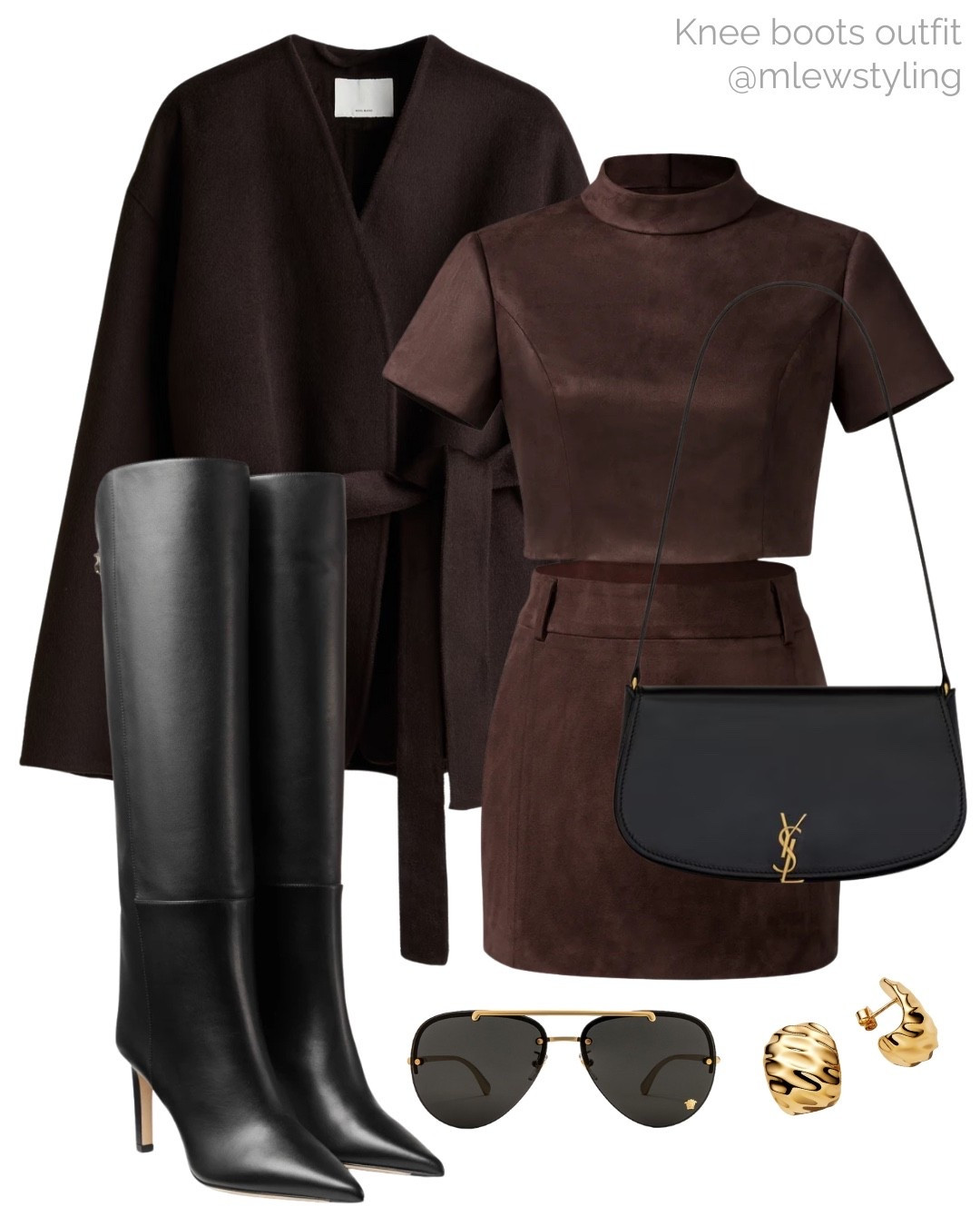 Fall date night outfit with black knee boots ✨

Tags: JW PEI brown suede matching set, mini skirt, Versace aviator sunglasses, gold hoop earrings, Jimmy choo boots, brown wool coat, elevated autumn outfit 

#LTKShoeCrush #LTKItBag #LTKParties