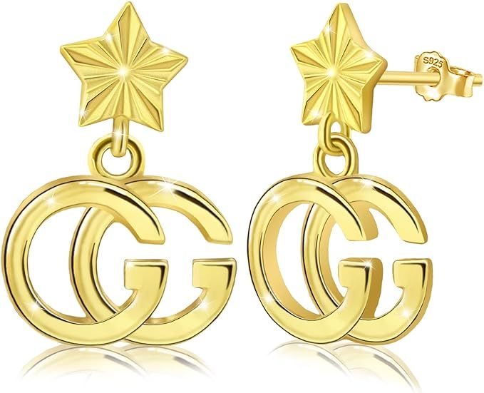 Dangle Initial Letter G Earrings for Women Girls Sterling Silver Cute Tiny Star with 18K Gold Pla... | Amazon (US)