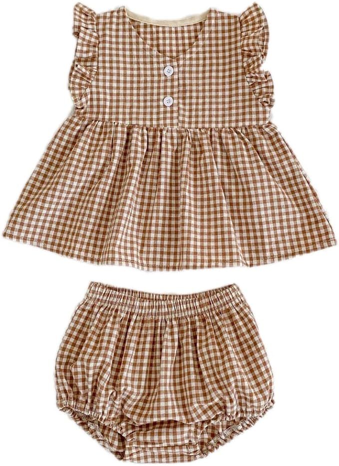 Ashmyova Baby Girls Summer Shorts Sets Infant Plaid Ruffle Sleeveless Tops Bloomer 2PCS Outfits | Amazon (US)
