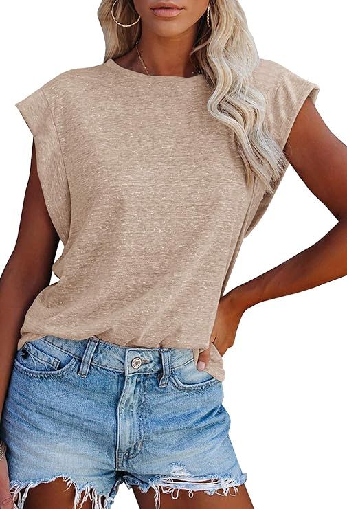 FISACE Womens Summer Crew Neck Cap Sleeve Tank Tops Casual Loose Fit Basic Shirts Blouses Apricot | Amazon (US)