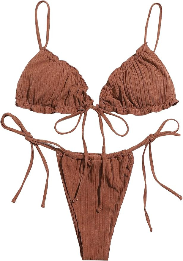 SOLY HUX Women's Frill Trim Triangle Top and Tie Side Bikini Set Two Piece Swimsuits | Amazon (US)