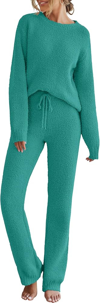 MEROKEETY Womens Pajama Sets 2025 Fall Lounge Sweater Set Cute Fuzzy Fleece 2 Piece Long Sleeve C... | Amazon (US)