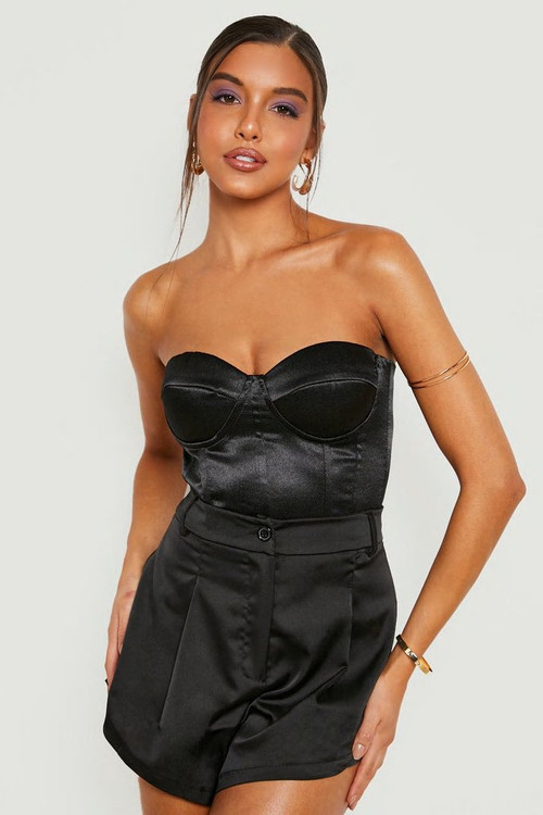 Black Satin Strapless Corset Top | Boohoo.com (UK & IE)