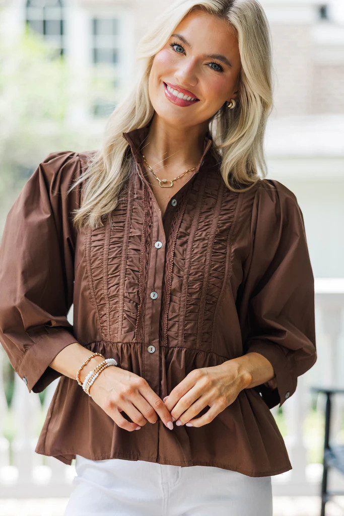 Let Me Know Brown L/S Blouse | The Mint Julep Boutique