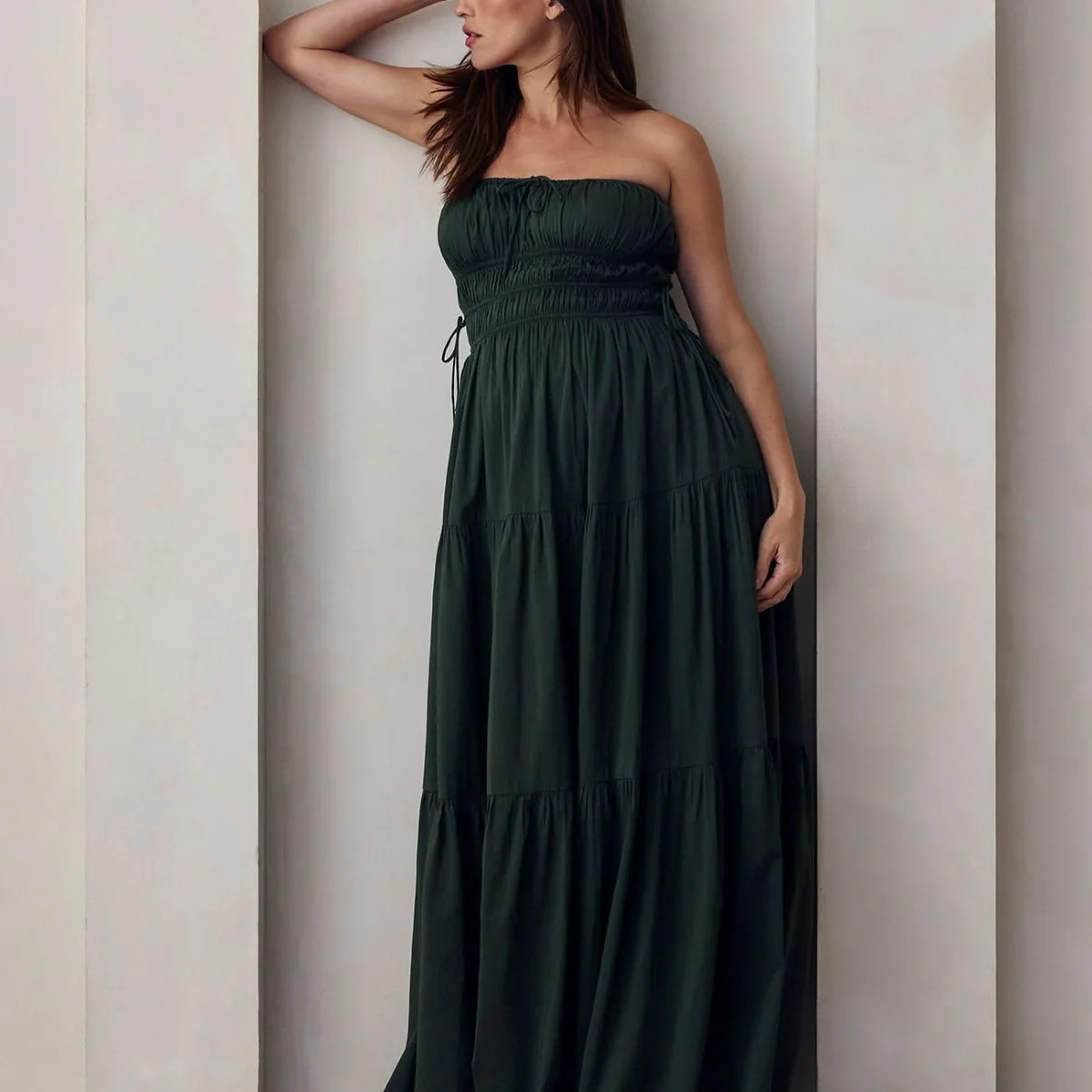 The Shirred Strapless Gown | Shop Bumpsuit's Maternity Vacation Collection | BUMPSUIT