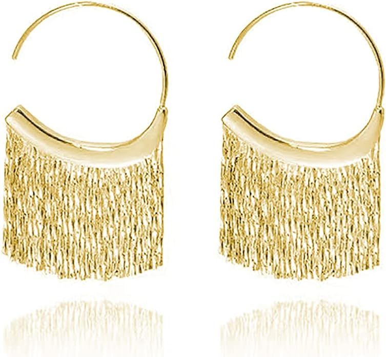 Gold Tassel Earrings for Women 14K Gold Plated Chain Dangle Drop Earrings Statement Tassels Hoop ... | Amazon (US)