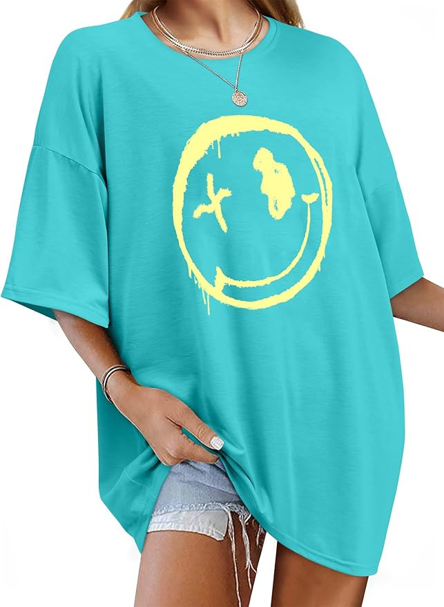 WLLW Women's Drop Shoulder Cute Oversized Graphic Tees Loose Crewneck Half Sleeve Preppy Graphic ... | Amazon (US)