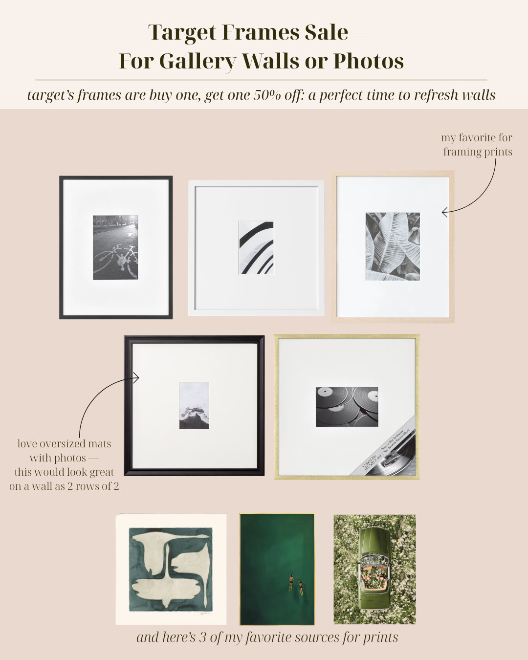 Target frames are buy one, get one 50% off right now. A mix of black, wood, and brass frames with oversized mats. Also linking a few sources for art prints.
#TargetSale 

 

#LTKSaleAlert #LTKHome