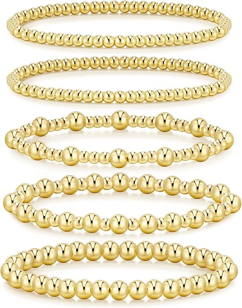 Gold Bracelets for Women Waterproof, 14K Gold Plated Beaded Strand Bead Ball Bracelets stack Adju... | Amazon (US)