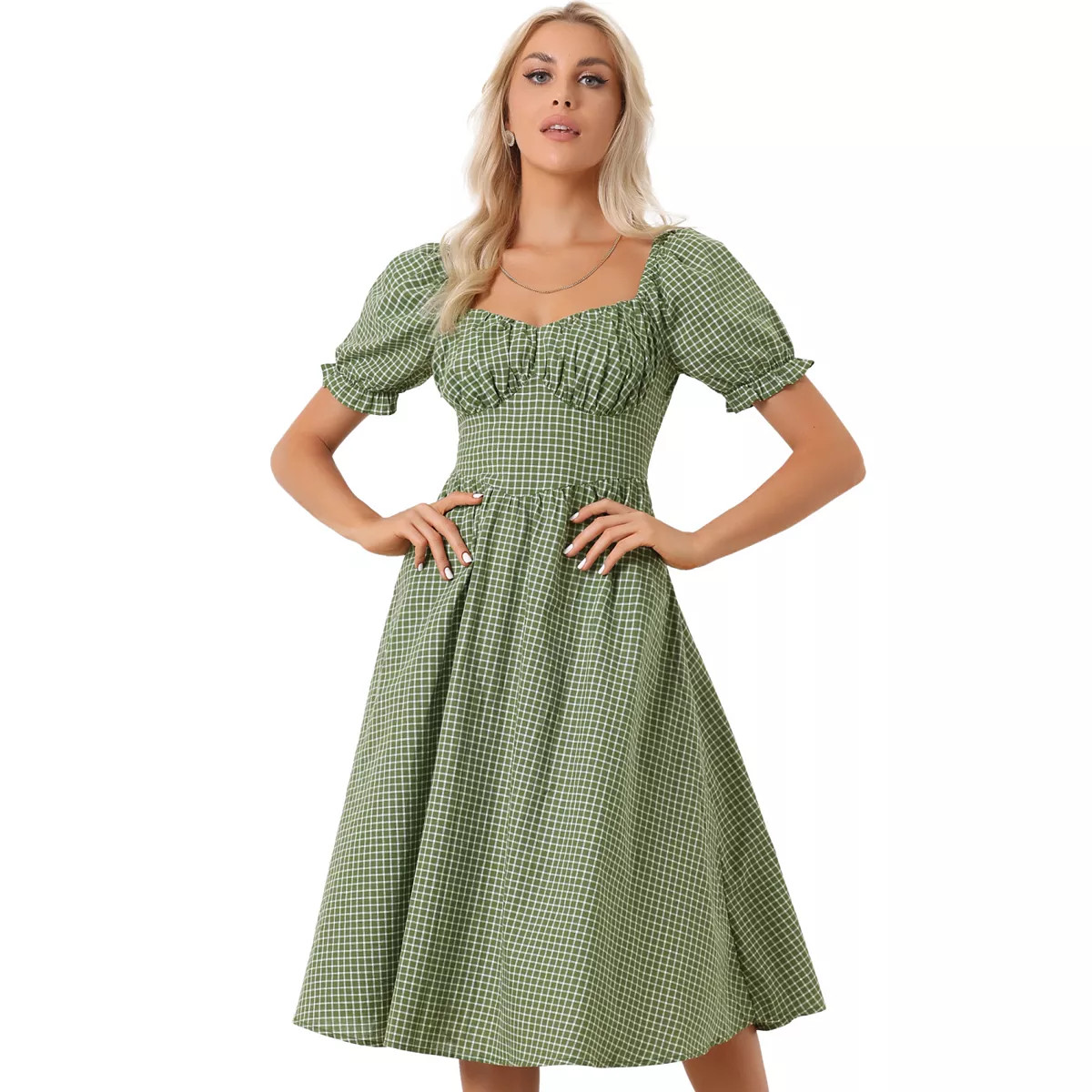 Plaid Tea Dress For Women's Sweetheart Neck Short Sleeves Gingham Midi Dress | Kohl's