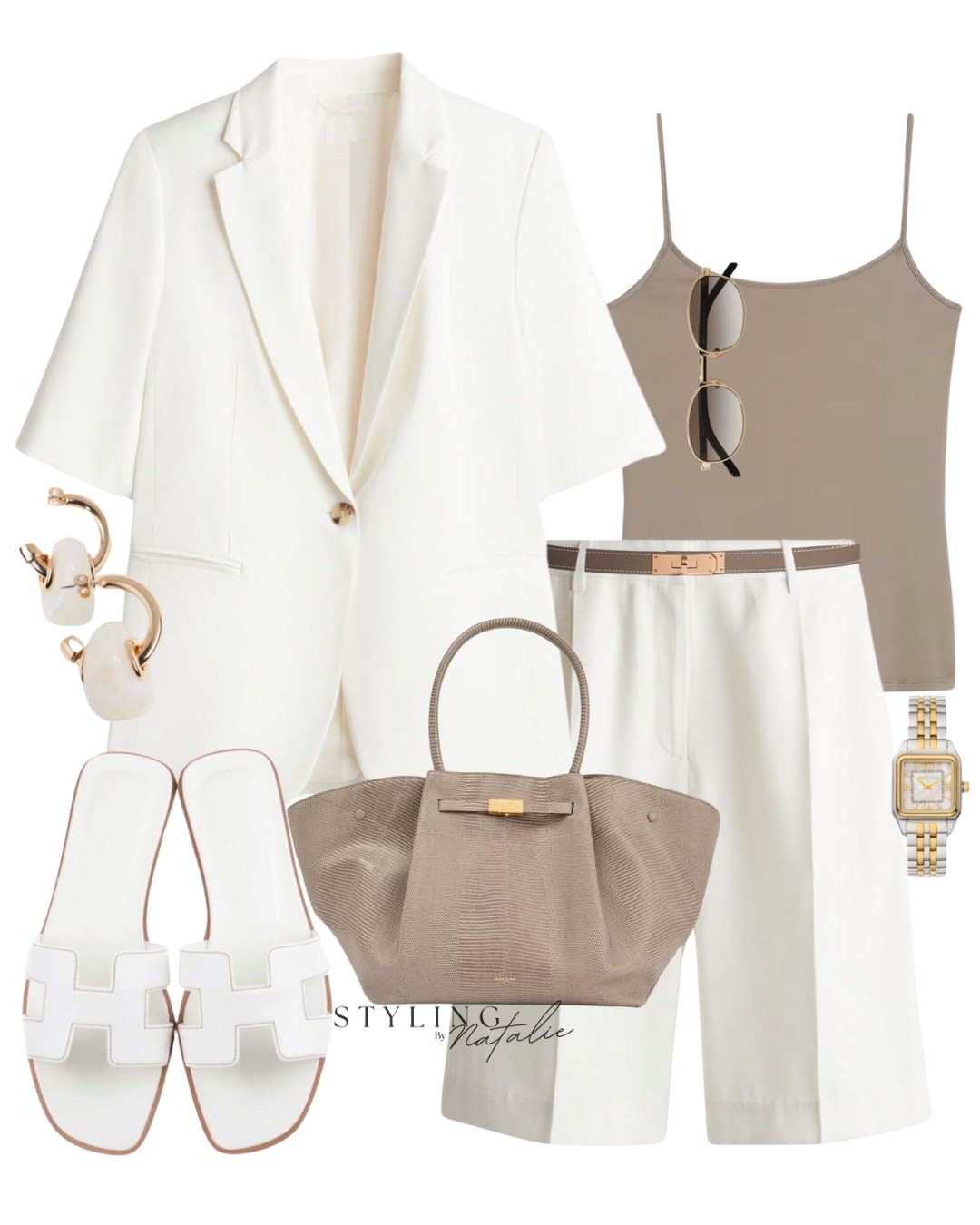 Weekend casual chic- Short sleeve blazer and matching Bermuda shorts, beige strappy vest top, white slides, two tone watch, Demellier tote bag & hoop pearl earrings. 
Old money, classy, effortlessly chic, neutral outfit, culottes, H&M, high street. 

#LTKmodest #LTKeurope #LTKsummer