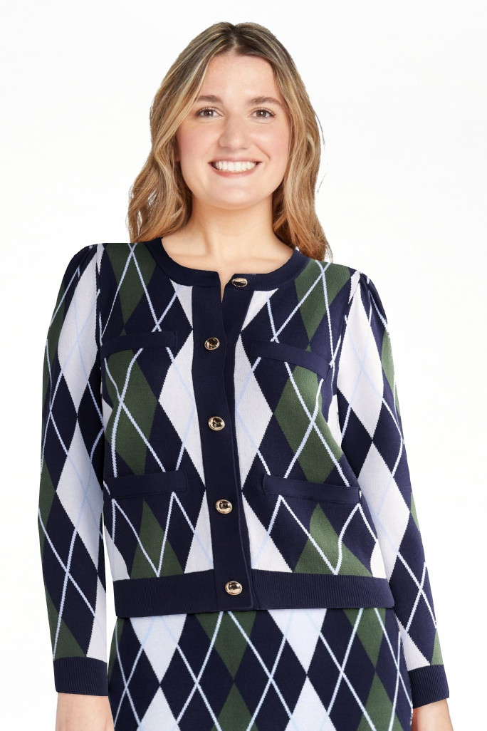 Free Assembly Women's and Women's Plus Argyle Cardigan Sweater with Puff Sleeves, Midweight, Size... | Walmart (US)