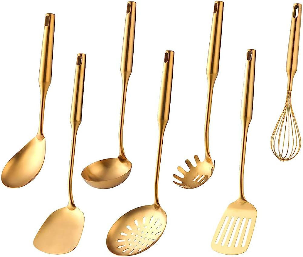 Kitchen Utensil Set -7PCS Gold 18/8(304) Stainless Steel -Wide Spatula,Soup Ladle,Strainer Ladle,... | Amazon (US)