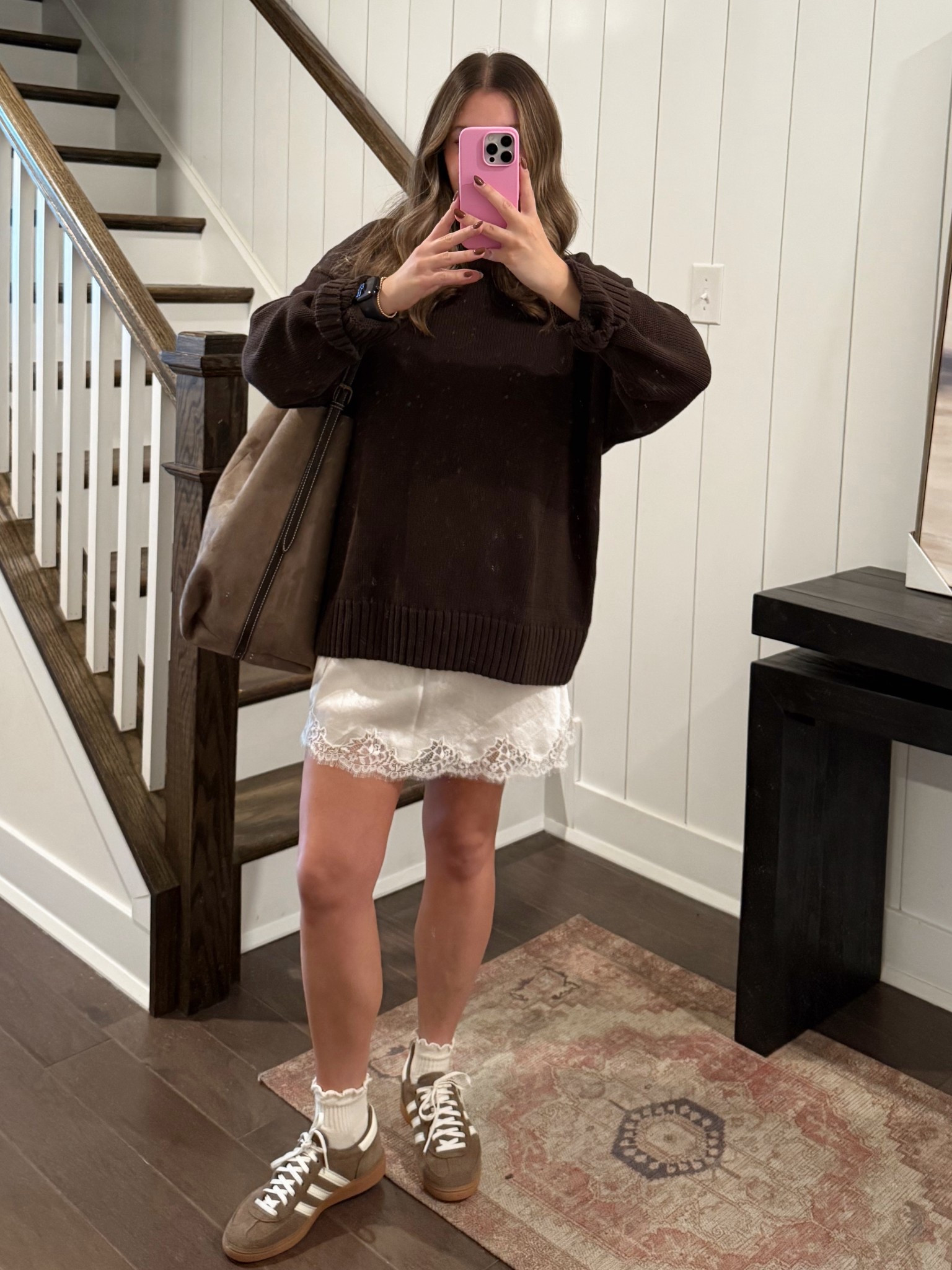 Wearing large in the sweater! Skirt is from jcrew last year but I linked some similar! 
