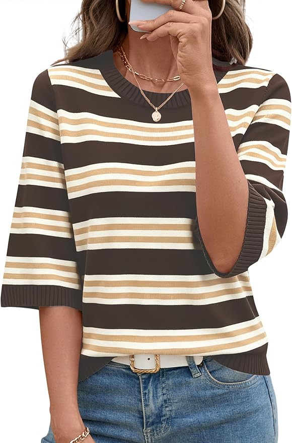 LOMON Womens Sweaters Casual Fall 2025 Crew Neck Striped 3/4 Sleeve Lightweight Knit Trendy Pullo... | Amazon (US)
