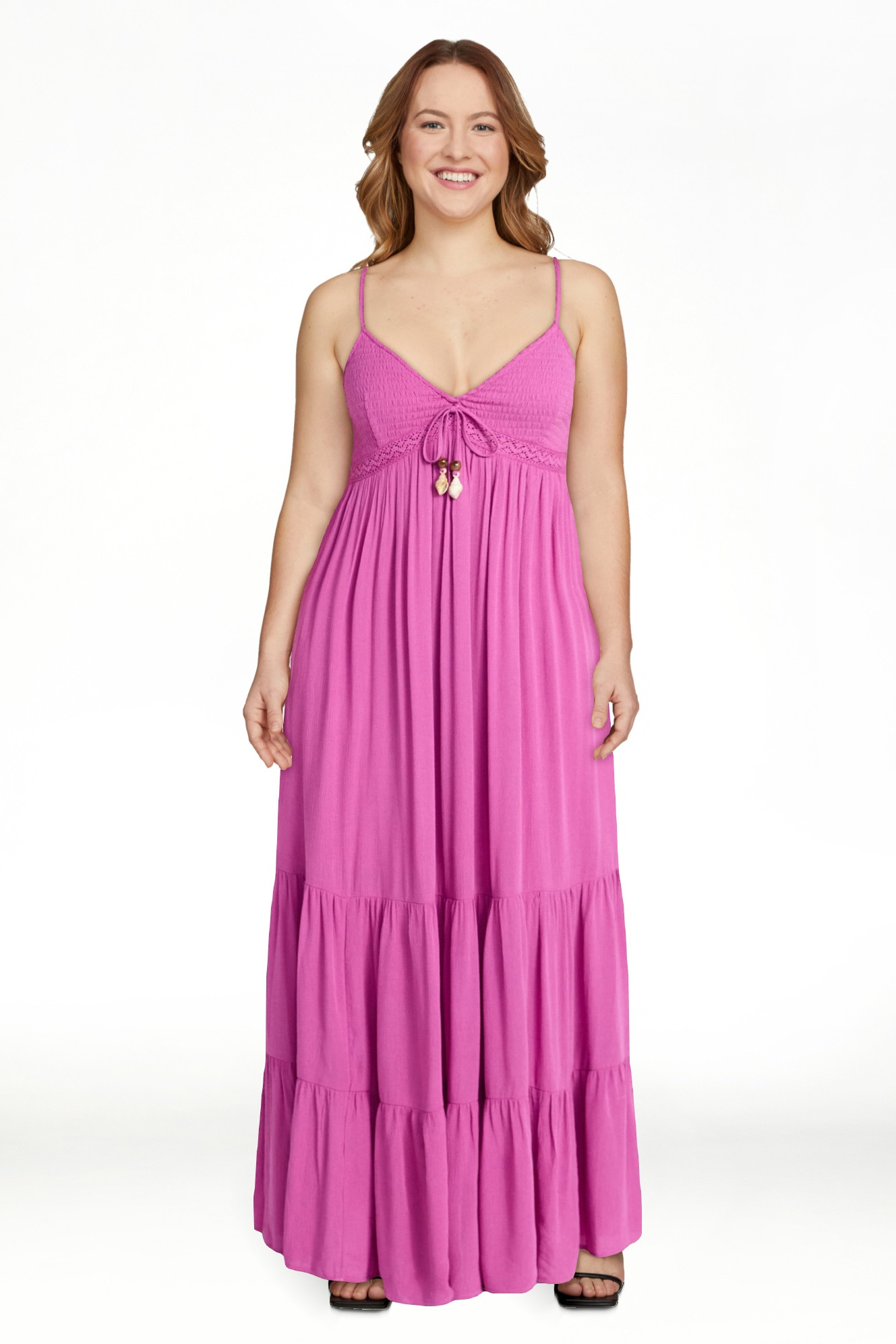No Boundaries Crochet Lace Trim Tiered Maxi Dress, Women's XXS-XXL | Walmart (US)