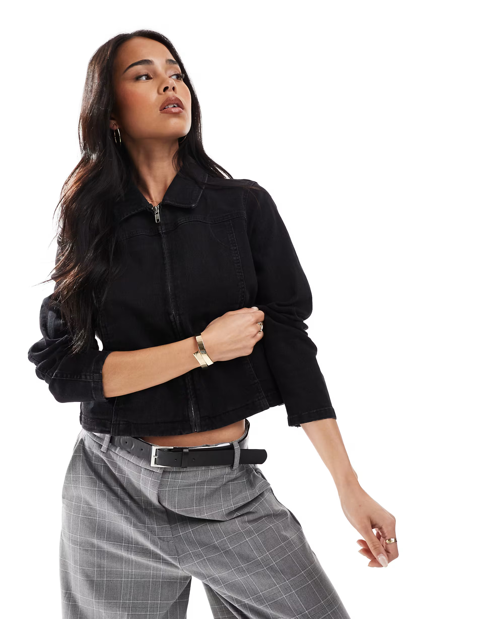 Vero Moda fitted zip front denim jacket in washed black | ASOS (Global)