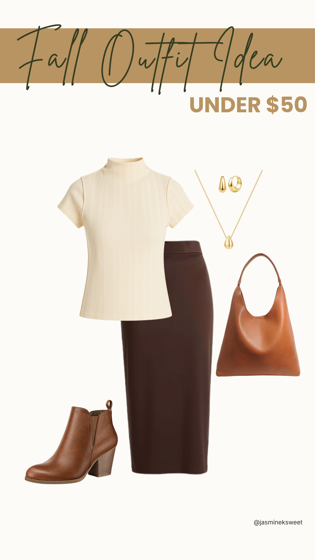 This polished fall outfit pairs a brown midi skirt with a cream top, all for under $50.
#LTKunder50 #LTKstyletip #LTKworkwear 

 #LTKgrwm #LTKootd #LTKWorkwear