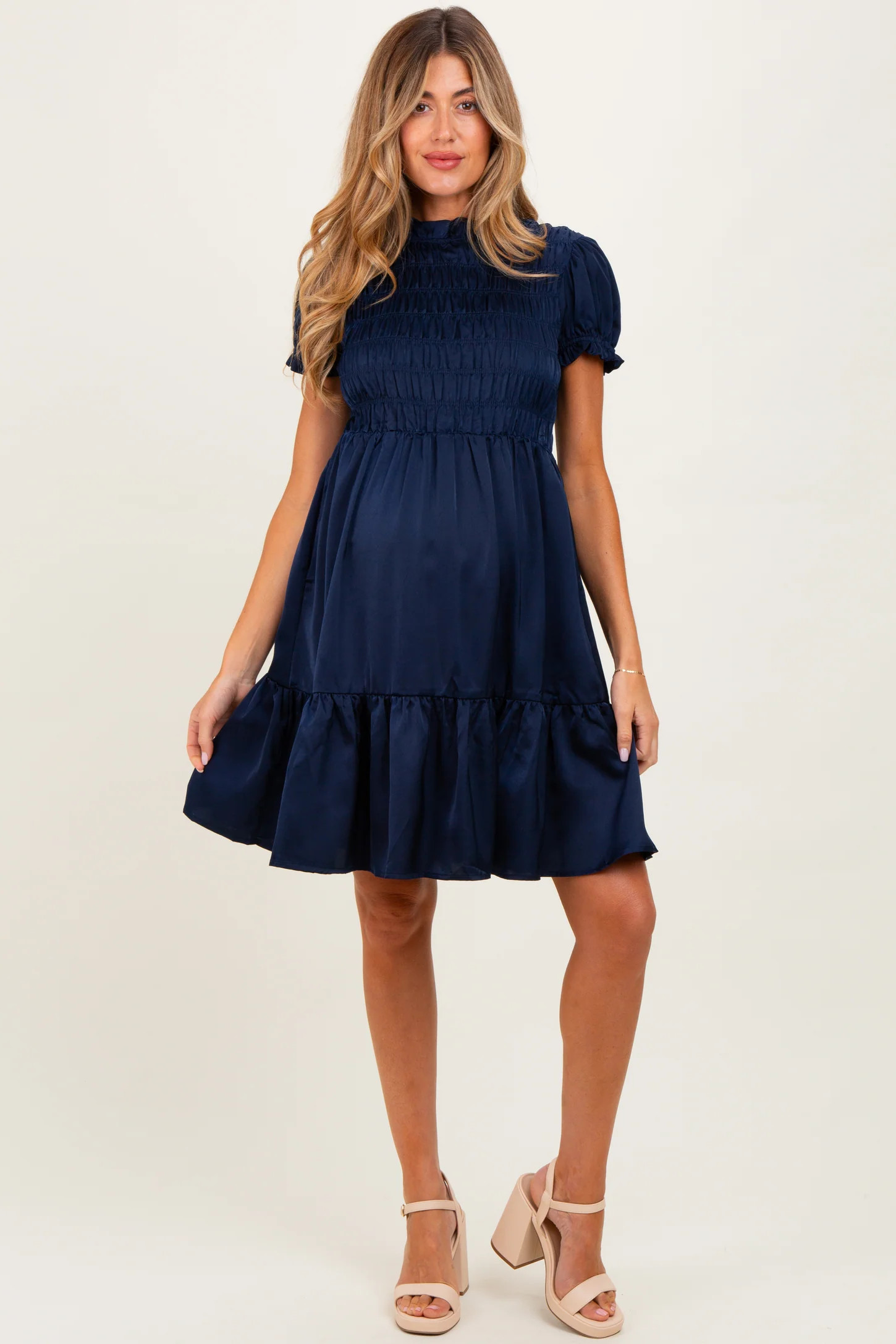 Navy Satin Smocked Mock Neck Maternity Dress | PinkBlush Maternity