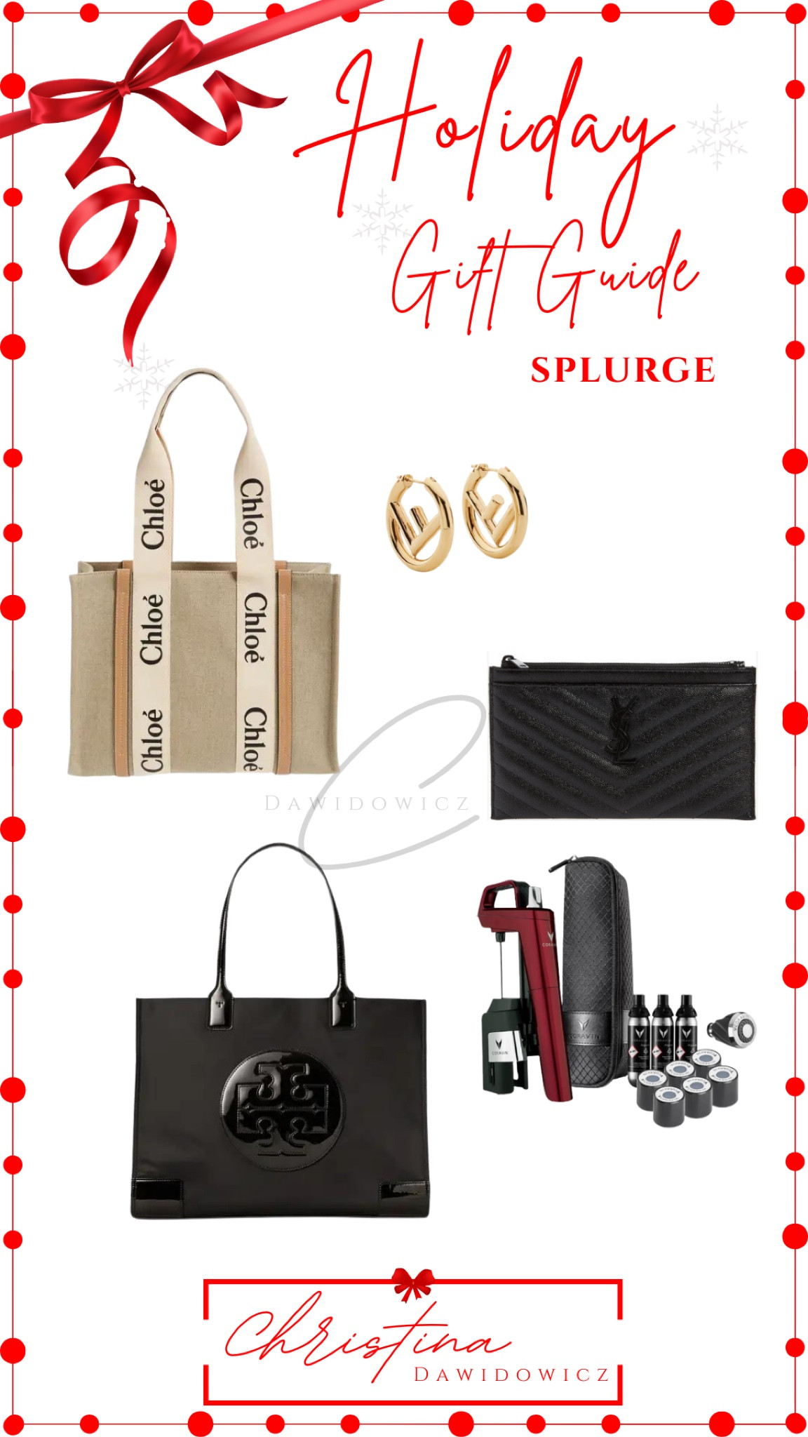 Holiday gift guide splurge 

Designer lovers 
Fendi 
Tory Burch 
Coravin 

#LTKGiftGuide #LTKHoliday