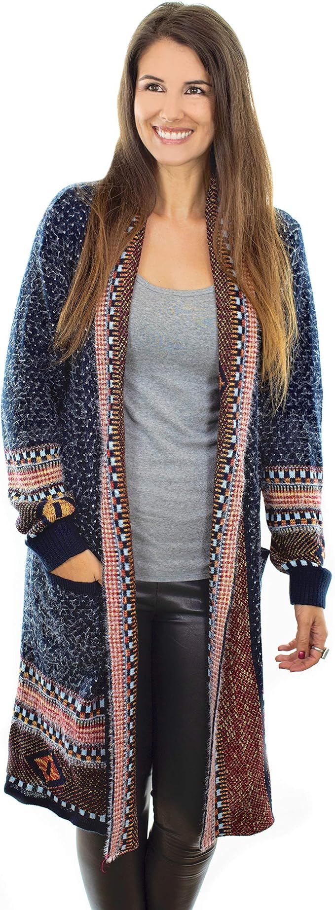 Happy Trunks Long Boho Open Front Cardigan w/Pockets for Women | Knitted Lightweight Aztec Outwea... | Amazon (US)