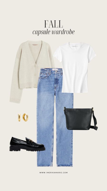 fall capsule wardrobe. jeans. fall outfits. white tee. cardigan. h&m. abercrombie and fitch. tote bag. loafers. steve madden

#LTKstyletip #LTKfindsunder100 #LTKSeasonal