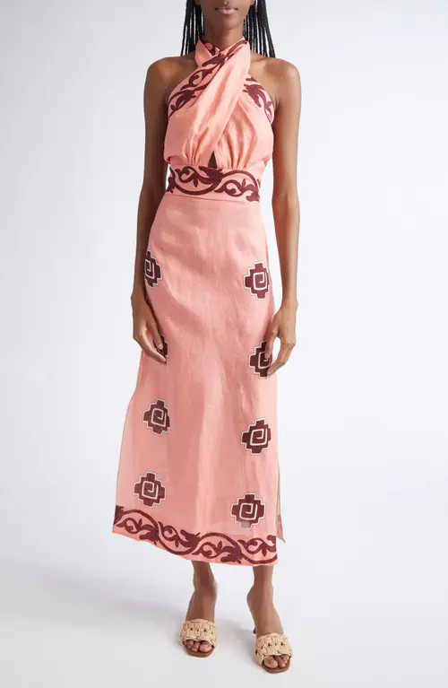 Johanna Ortiz Energetic Patterns Linen Halter Dress in Pink /Wine/Red at Nordstrom, Size 4 | Nordstrom