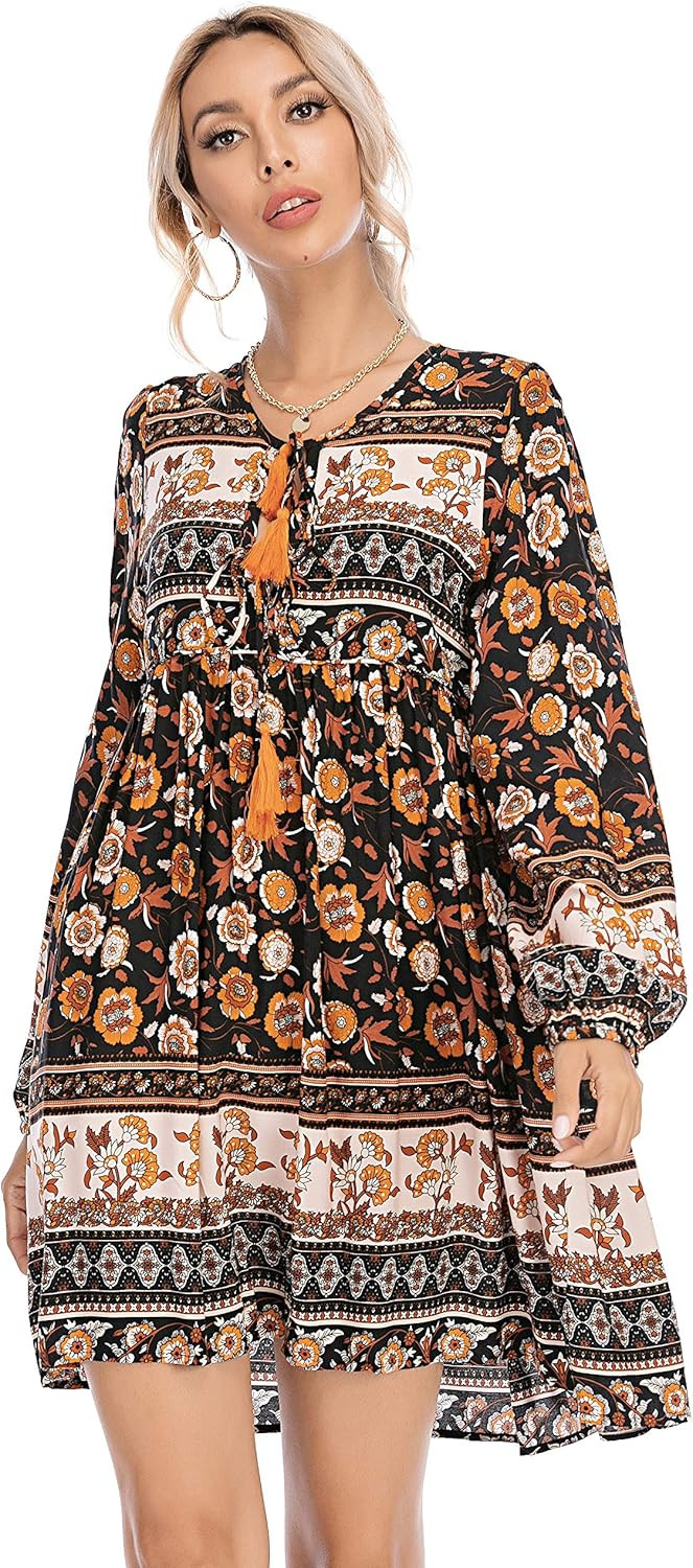 R.Vivimos Womens Long Sleeve Floral Casual Print Cotton Mini Tunic Dress | Amazon (US)
