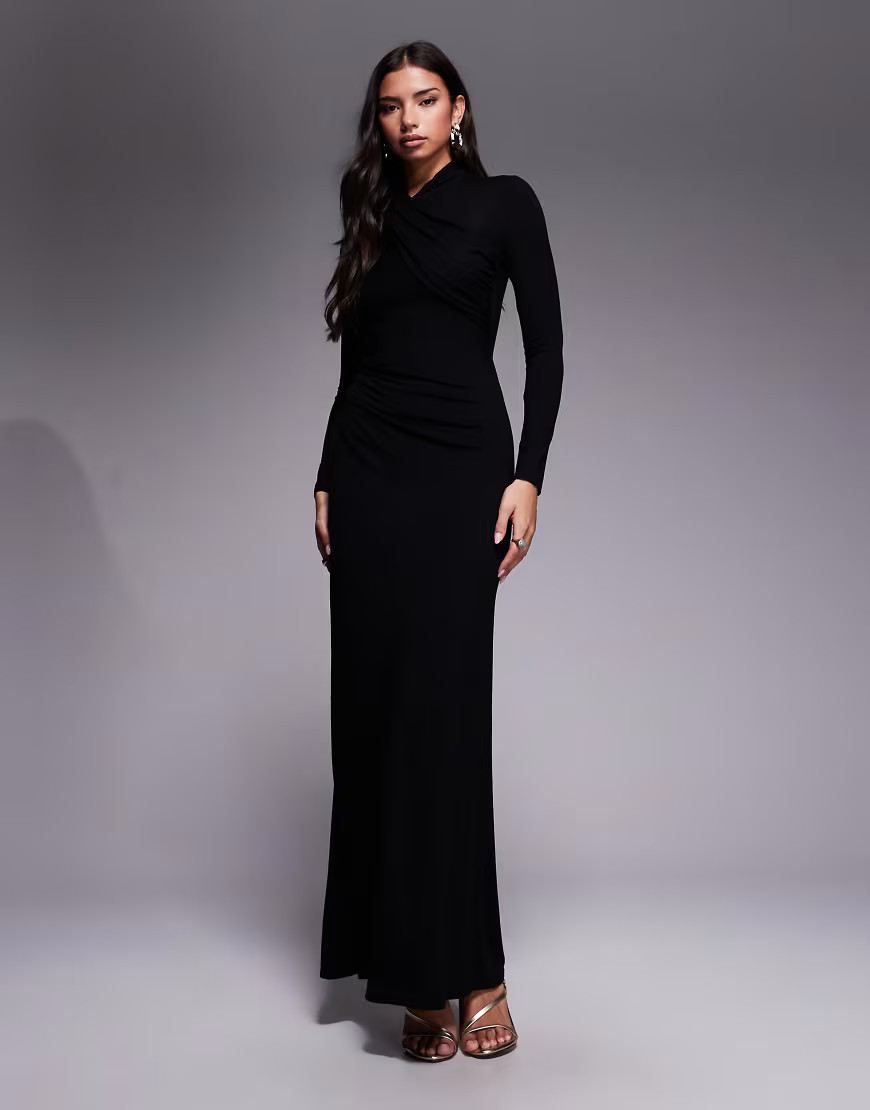 ASOS DESIGN long sleeve high neck drape maxi dress in black | ASOS (Global)