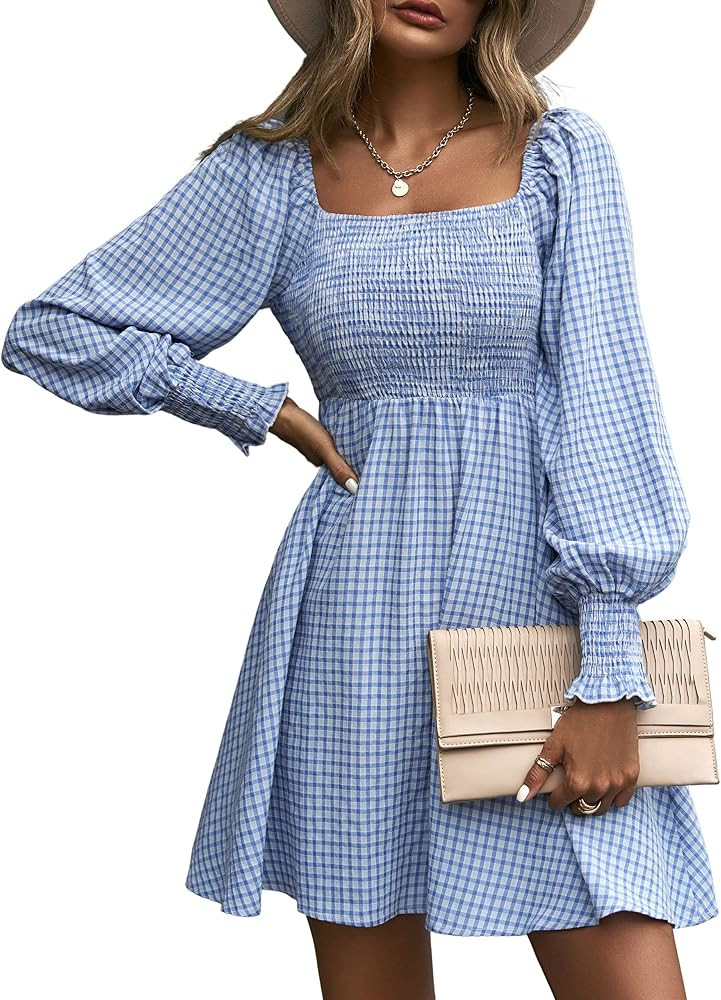 Dokuritu Women's Fall Long Sleeve Square Neck Teens Dresses Off Shoulder Cute Babydoll Short Dres... | Amazon (US)