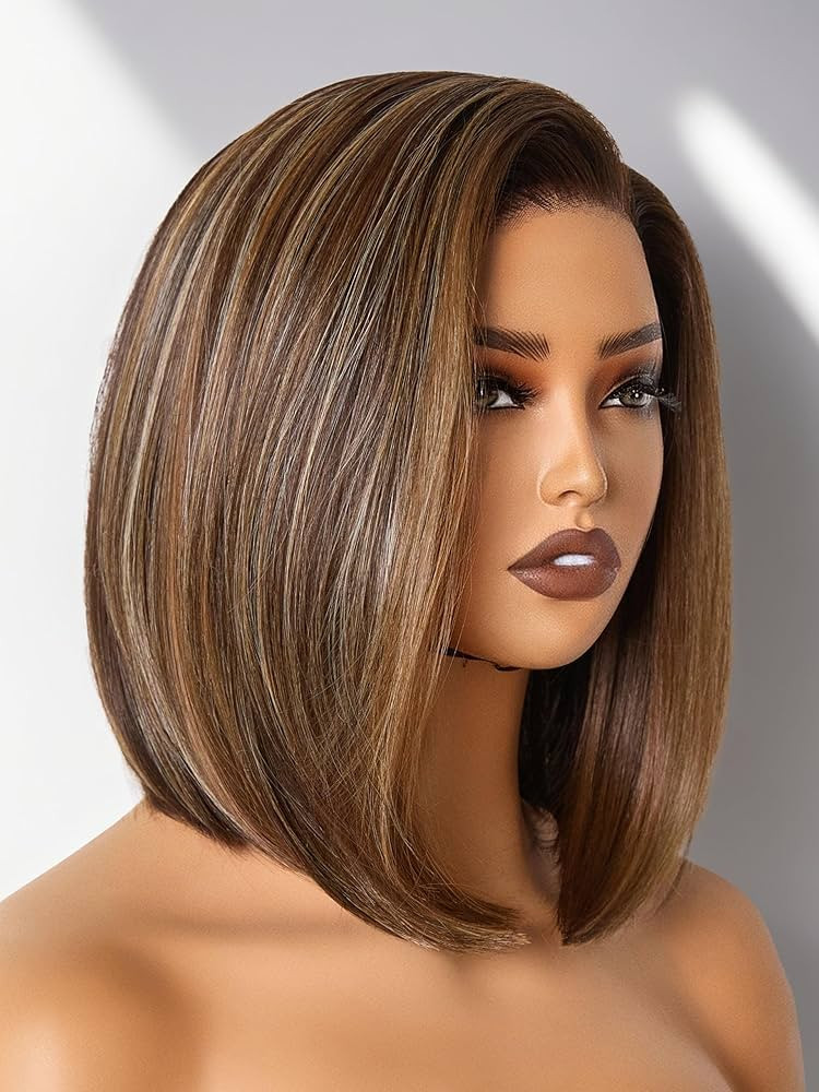 GORGIUS Brown Highlight Bob Lace Front Wig Glueless Straight Short Wigs Upgrade with Human-Hair-L... | Amazon (US)