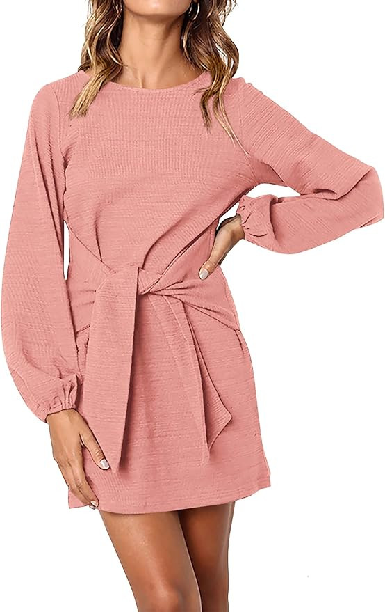 PRETTYGARDEN Womens Fall Elegant Long Lantern Sleeve Short Dress Wedding Guest Crewneck Tie Waist... | Amazon (US)