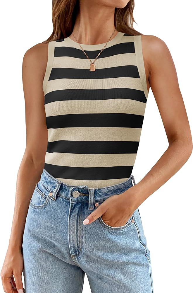ZESICA Women's Summer Knit Striped Tank Tops 2024 Trendy Crewneck Sleeveless Shirts | Amazon (US)