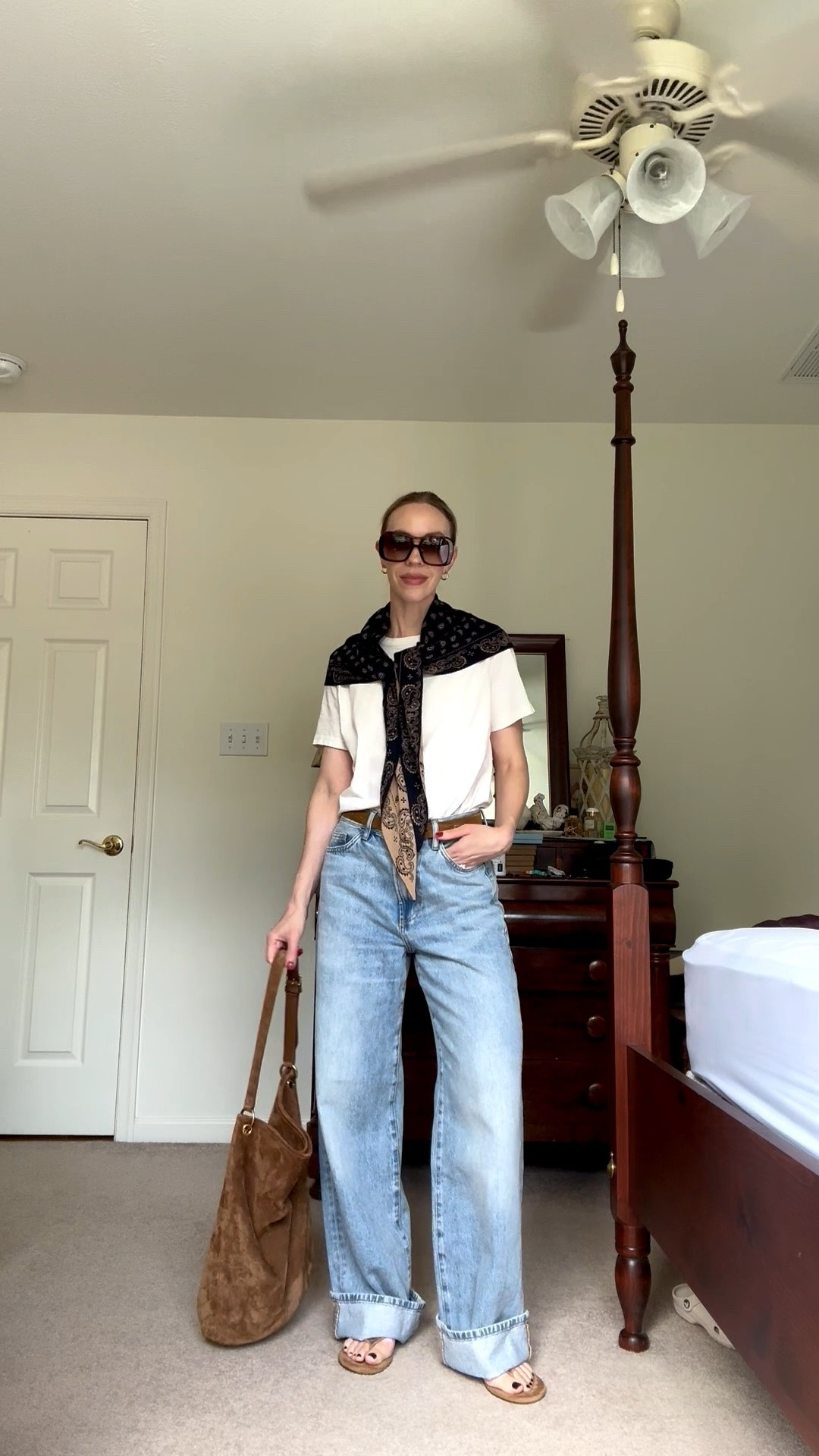 Casual early fall look, bandana scarf, @Zara cuffed baggy jeans, suede handbag

#LTKSeasonal #LTKOver40
