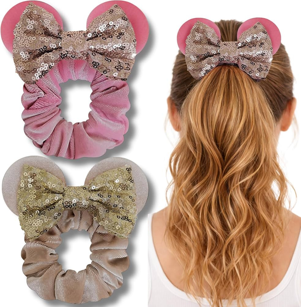 Styla Hair 2pk Velvet Scrunchies for Women - Sparkle Sequins Hair Bands for Pony Tail Mickey Ears... | Amazon (US)