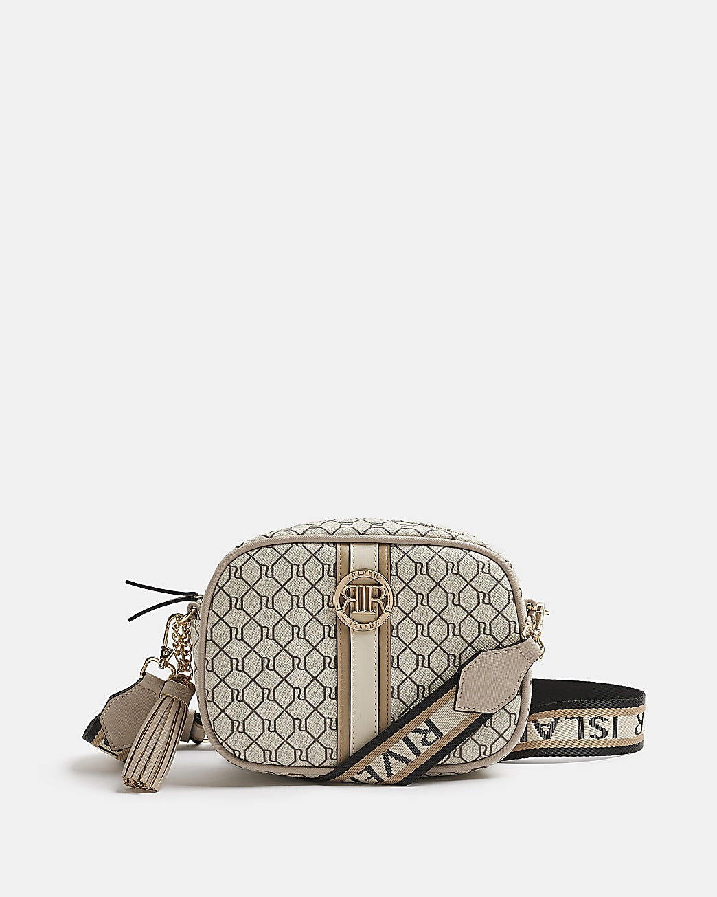 Beige RI monogram print cross body bag | River Island (UK & IE)