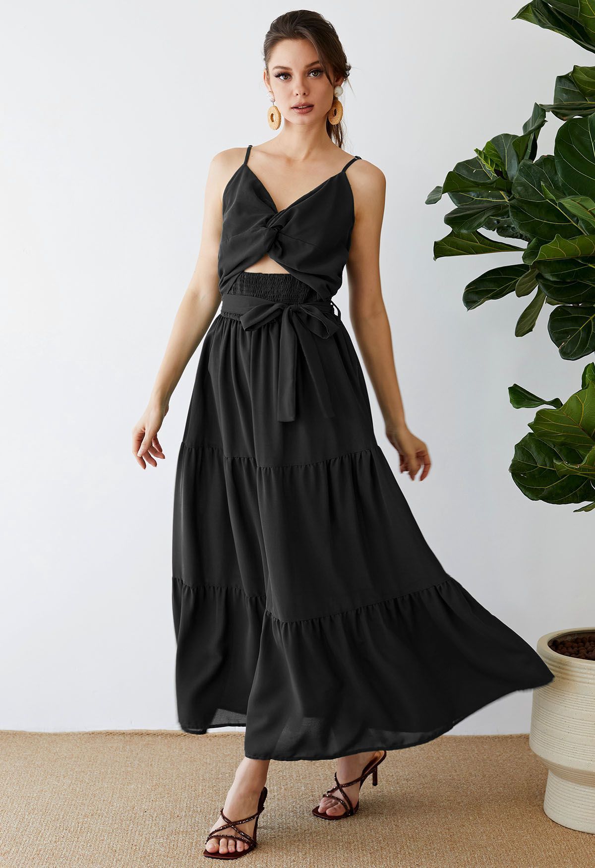 Twist Cutout Shirred Cami Maxi Dress in Black | Chicwish