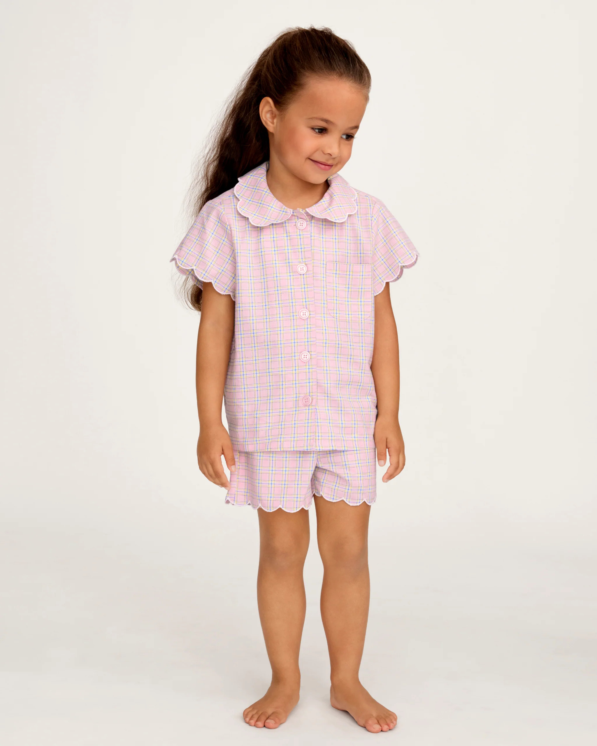 Kid's Twill Colette Short Set in Peony Plaid | Petite Plume