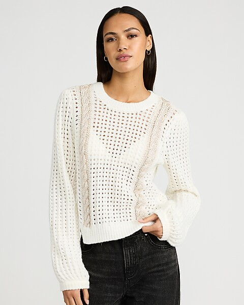 Open Stitch Shine Cable Knit Crew Neck Sweater | Express