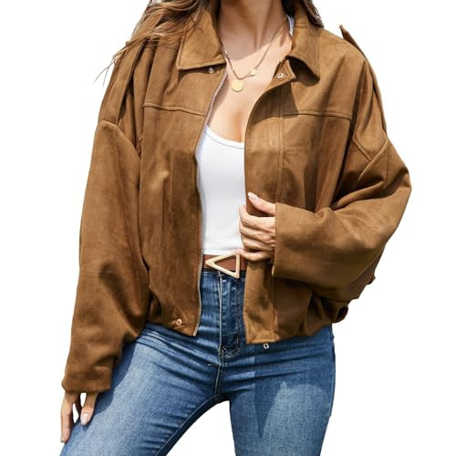 FARORO Women's Faux Suede Bomber Jacket, Oversized Zip Up Cropped Coat, Trendy Streetwear Outerwear for Spring Fall Winter | Amazon (US)