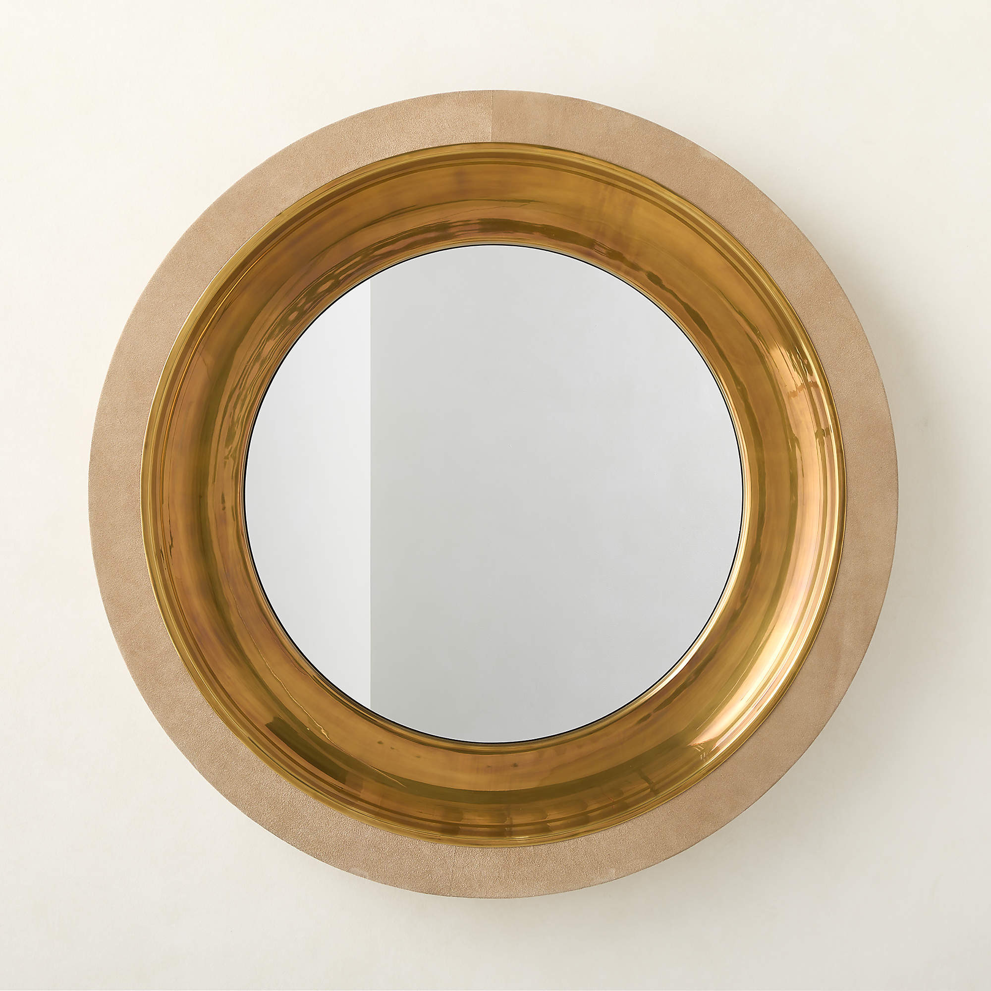 Parker Suede and Aged Brass Round Wall Mirror 36" | CB2 | CB2