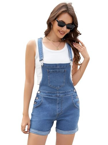 LONGYIDA Overall Shorts for Women Adjustable Straps Stretch Denim Bib Overalls Short Casual Cuffed Hem Casual Jean Shortalls Rompers(Light Blue,XXL) | Amazon (US)
