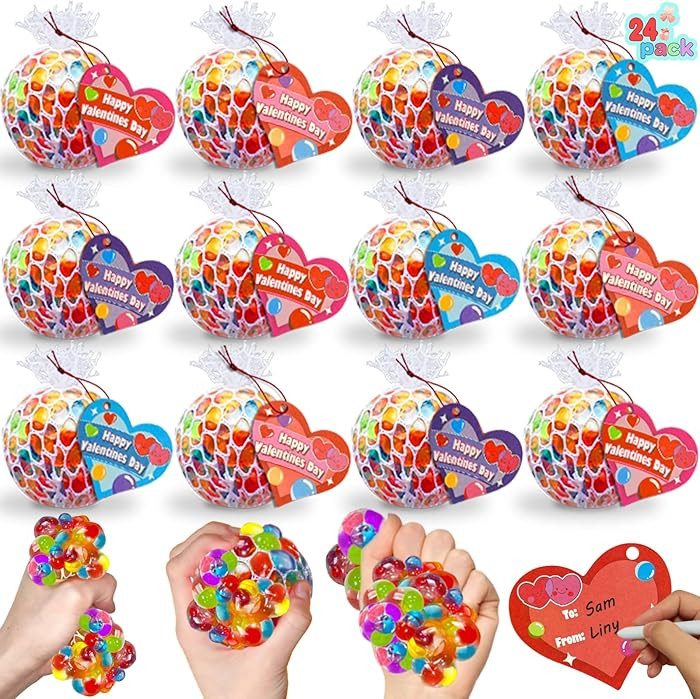 24 Pack Valentines Day Gifts for Kids, Fidget Stress Balls with Valentine Cards Heart Stress Reli... | Amazon (US)