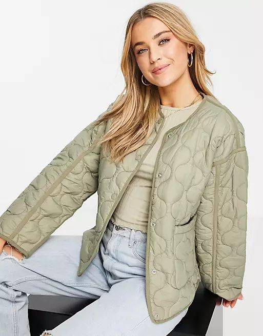 Pull&Bear quilted jacket with pockets in khaki | ASOS (Global)