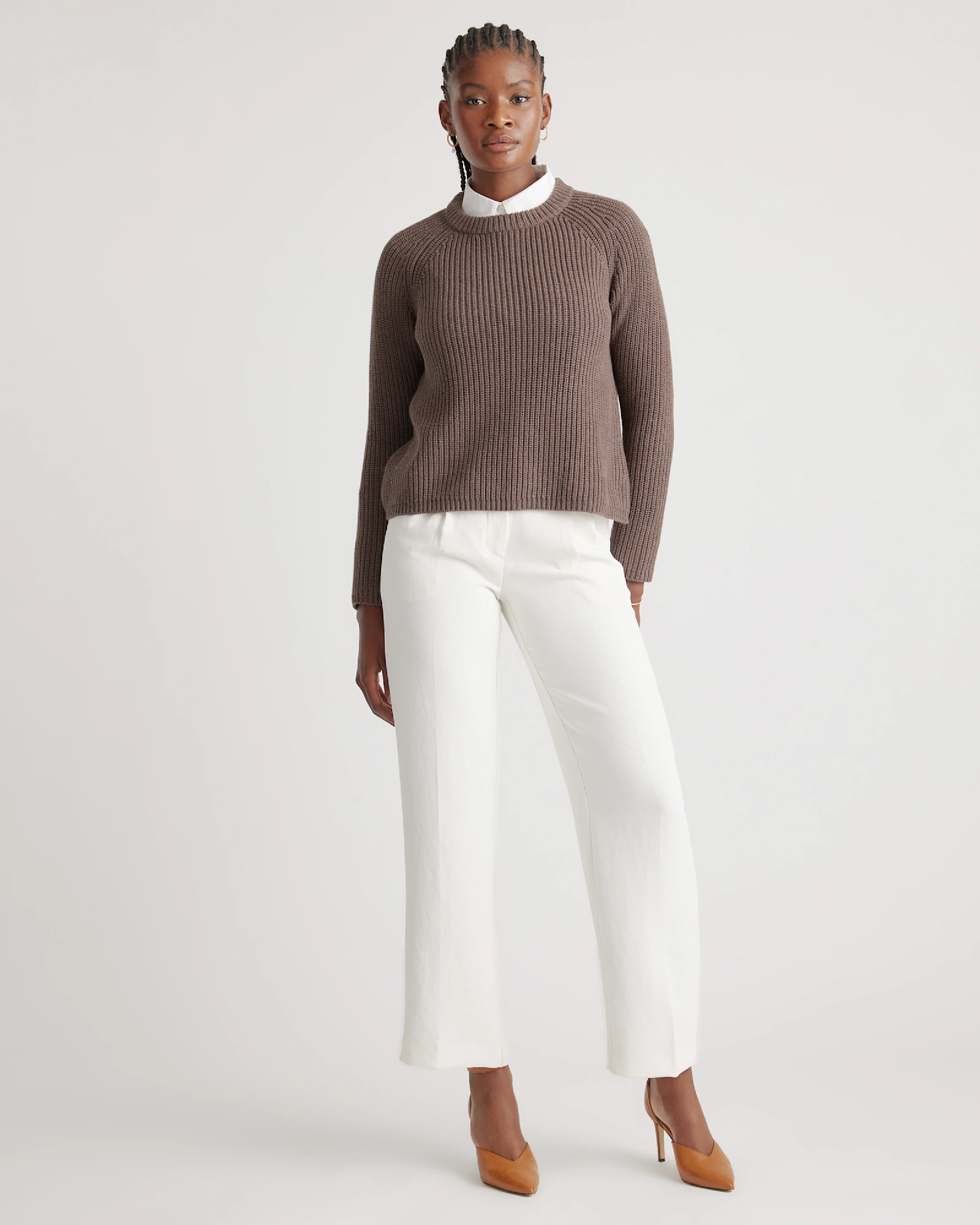 Women's 100% Organic Cotton Fisherman Crew Sweater in Heather Brown | Quince