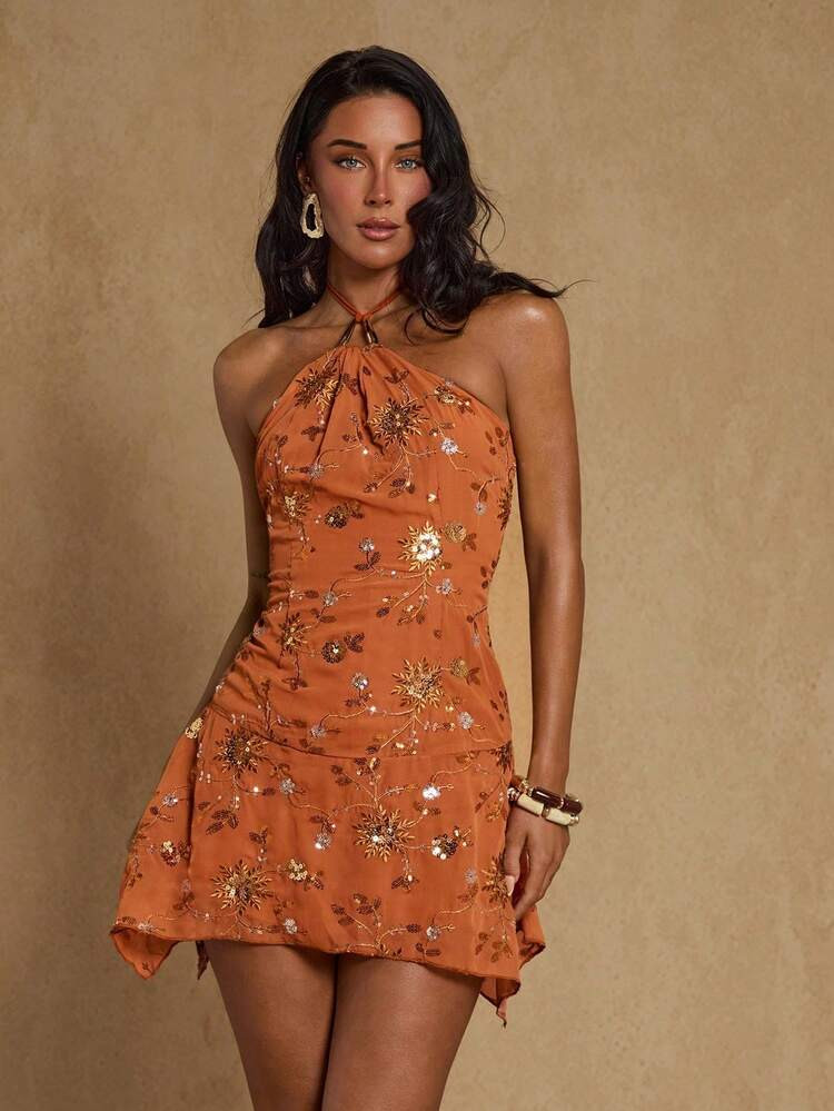 SHEIN PETITE Women's Orange Sequin Sexy Backless Asymmetrical Hem Mini Dress, Sleeveless Halter Neck Party Vacation Dress, Fashionable Versatile Cocktail Dress For Party, Vacation, Music Festival Orange Vacation Dress Orange Floral Dress Burnt Orange Dresses For Woman Terracotta Dress Wildflower Dress Sequin Dress Sequin Skir Vacation Outfits Women Beach Dresses Beach Outfi Summer Dress | SHEIN