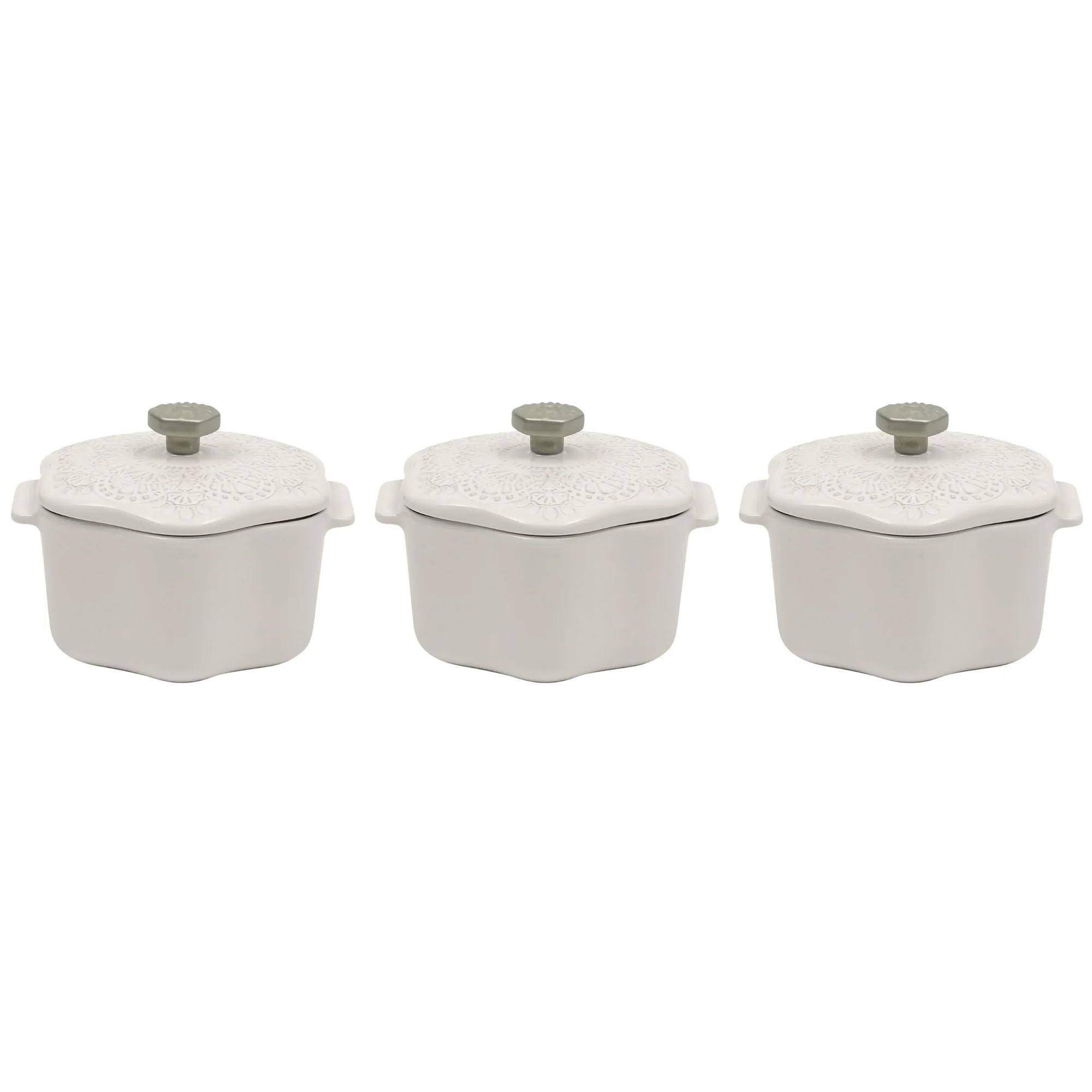 The Pioneer Woman Stoneware 2 Cup Snowflake Cocotte with Lid, White, Set of 3 | Walmart (US)